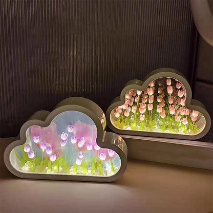 Cloud Mirror Tulip Lamp, Simulation Flower Bedroom Sleeping Table Lamp, Hand Craft DIY Tulips Mirror Night Light, Night Light for Bedroom,Creative Living Room Bedside Desktop Ornaments Girls (Purple)
