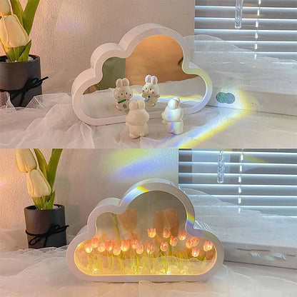 Cloud Mirror Tulip Lamp, Simulation Flower Bedroom Sleeping Table Lamp, Hand Craft DIY Tulips Mirror Night Light, Night Light for Bedroom,Creative Living Room Bedside Desktop Ornaments Girls (Purple)