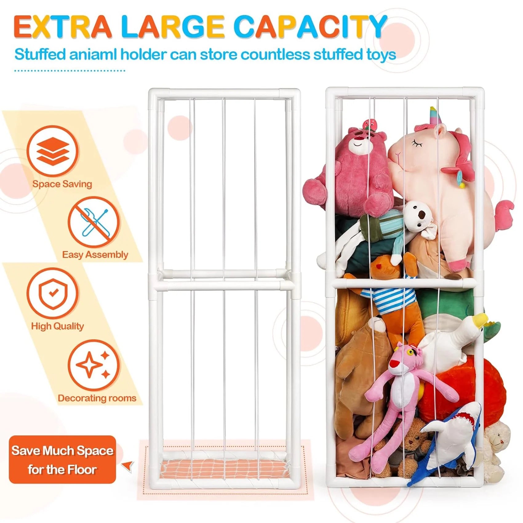 Stuffed Animal Storage Holder, Toy Organizer, PVC Plush Storage Organizer Shelf for Kids Play Room, White